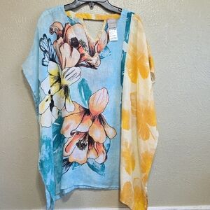 Chico's Multicolor Floral Blouse Top Women's Size S/M Oversize Loose‎ 100% Linen